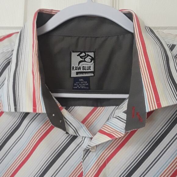 Mens Sz 3X Stripe Button Up Gray Contrast Cuffs Raw Blue Shirt - Picture 5 of 8